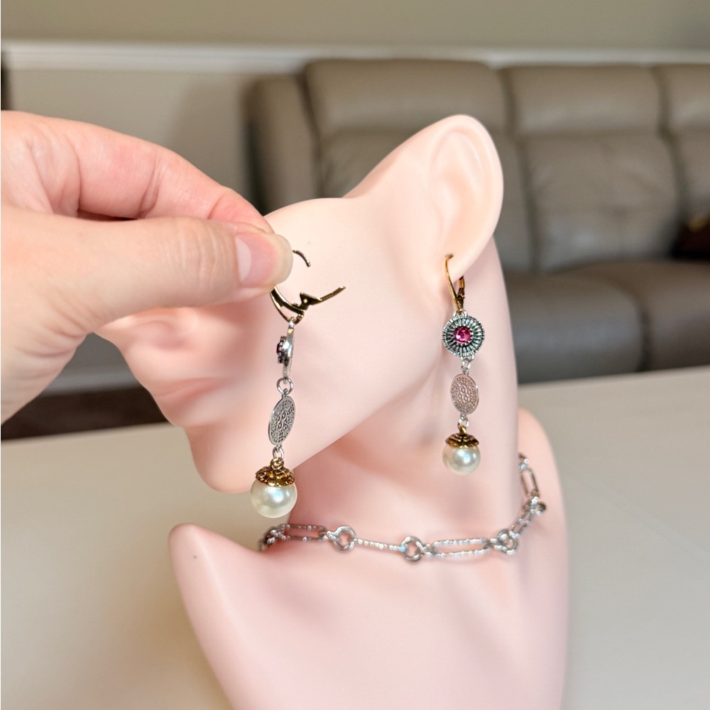 Pearl Drop Dangle Earrings with Pink Crystal Accent - Picture 9 of 9
